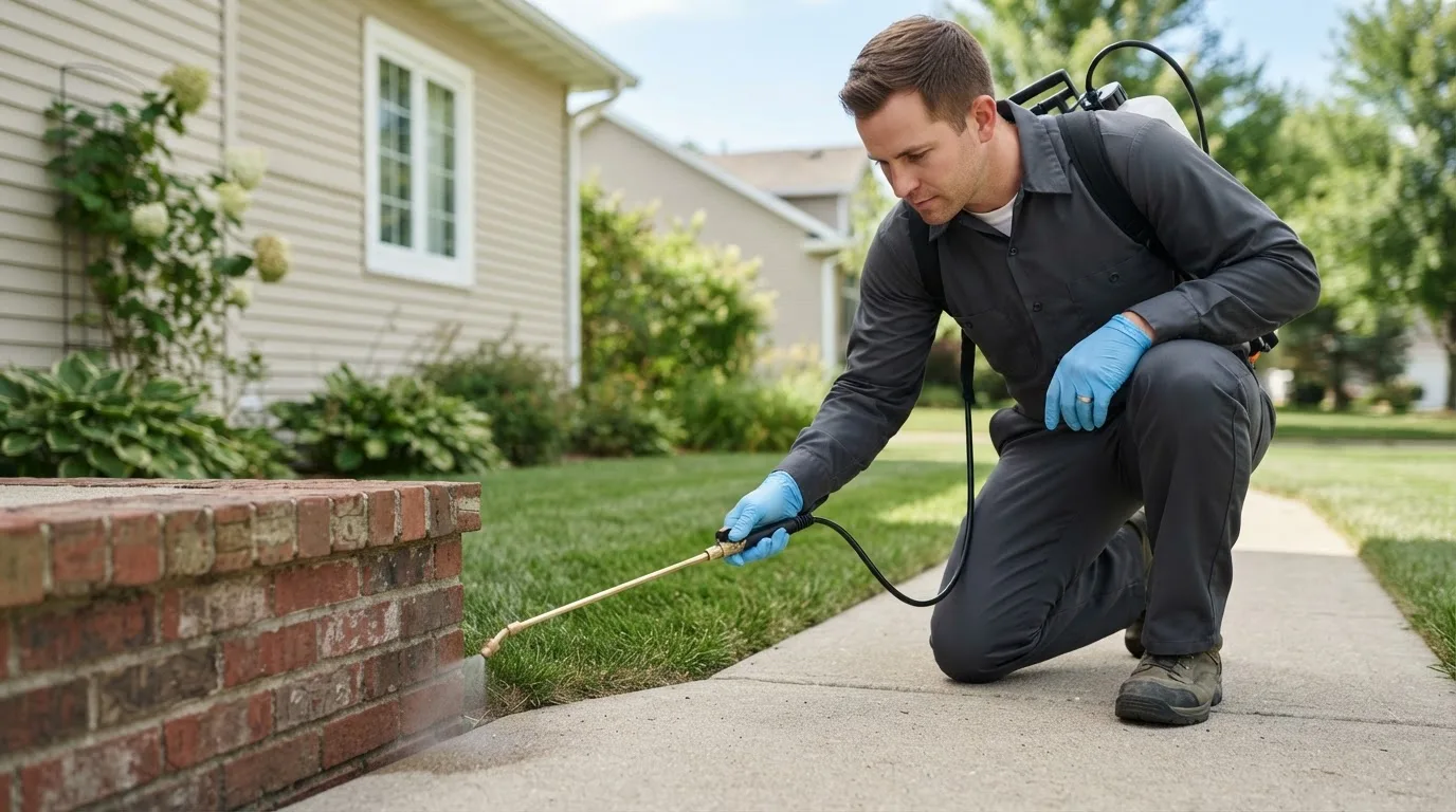 Pest control technician treating a home near Martindale, TX